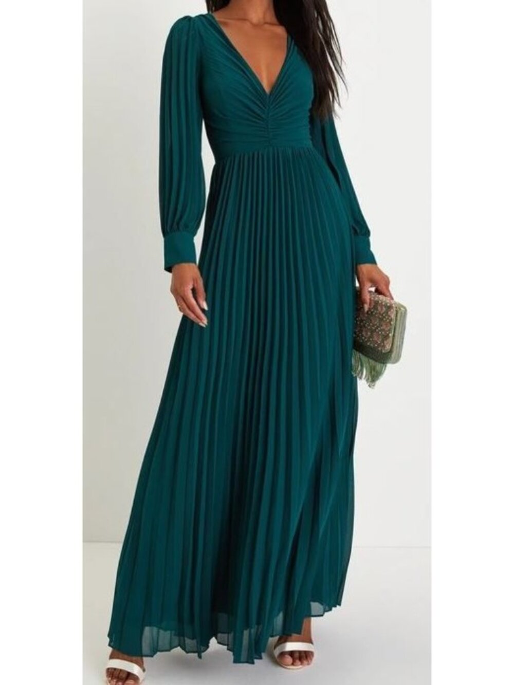 Lulus Sophisticated Grace Emerald Green Pleated Long Sleeve Maxi Dress Size S